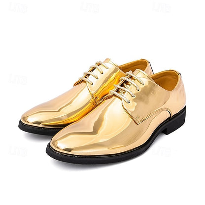 for – Patent Gold Shiny Shoes Leather Men Sleek Lace-Up