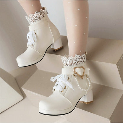 – Bridal Women's Ankle Shoes White Lace-Up Wedding Boots