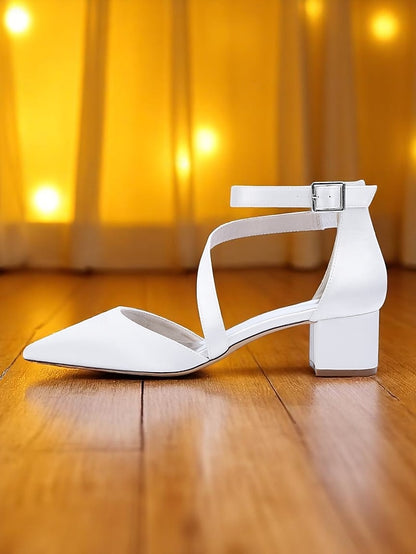 - Champagne Satin Pointed Toe Block Women's Heels