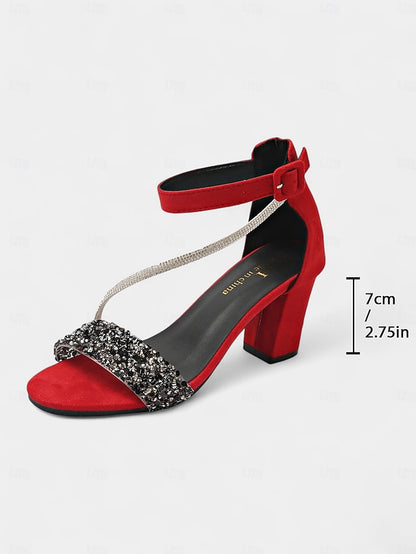 Block Strap Sandals with Ankle Heel Rhinestone Women's