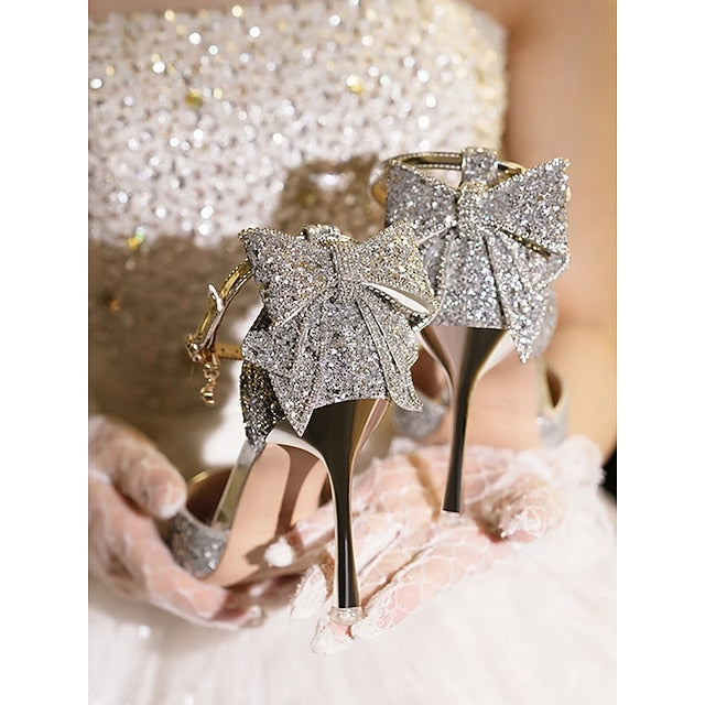 Pointed Sparkly Heels - Bow Toe Women's Silver Glitter