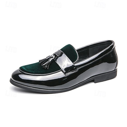 Velvet Men's Leather Patent Faux – Loafers Tassel Black