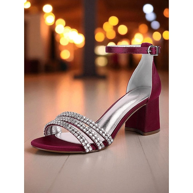 Sandals Rhinestone Women's Satin Purple Heel with Block