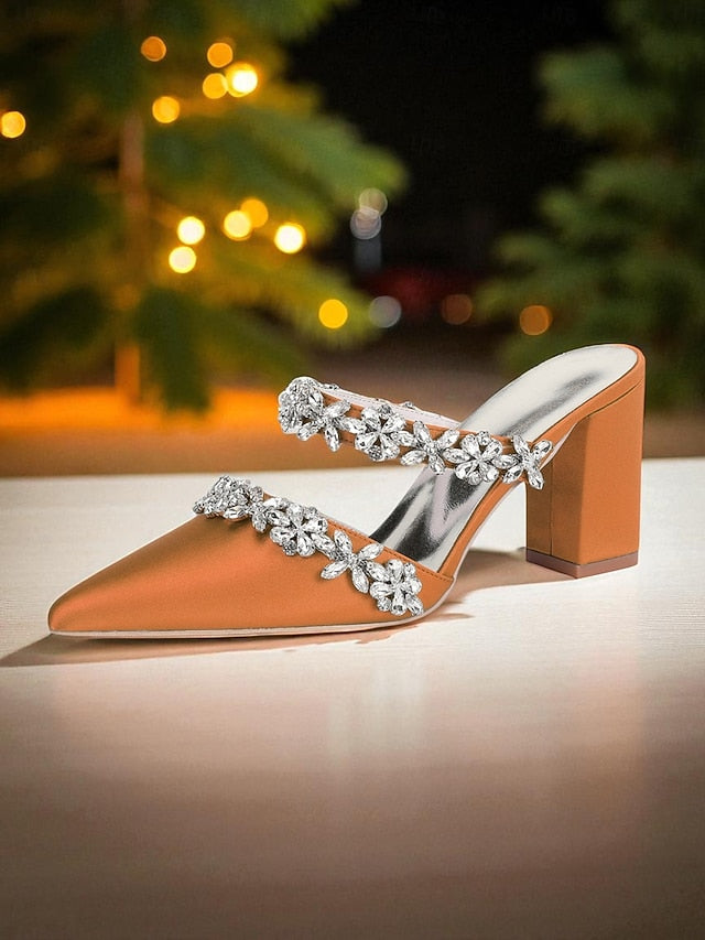 Women's Floral Satin Black Rhinestone Heel Mules Block with