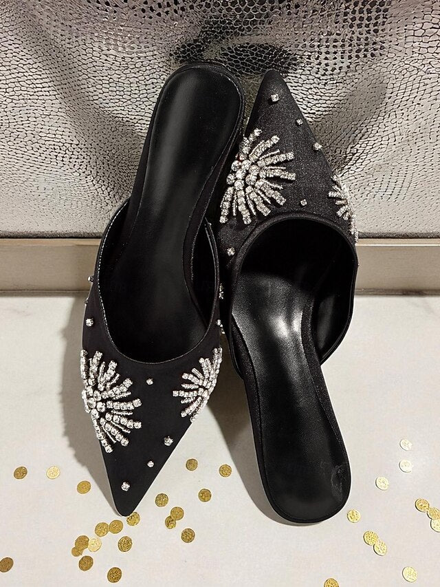 with Satin Women's Toe Rhinestone Mules Black Pointed