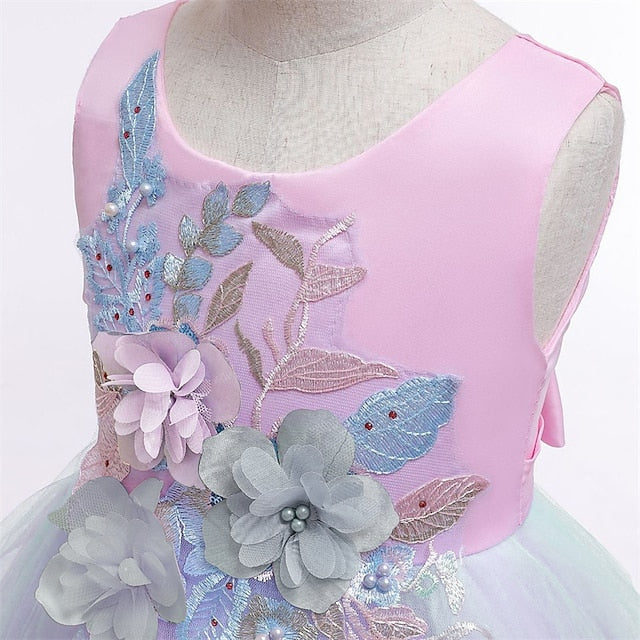 Purple Floral Blue Party Lace Girls' Dress Blushing Kids