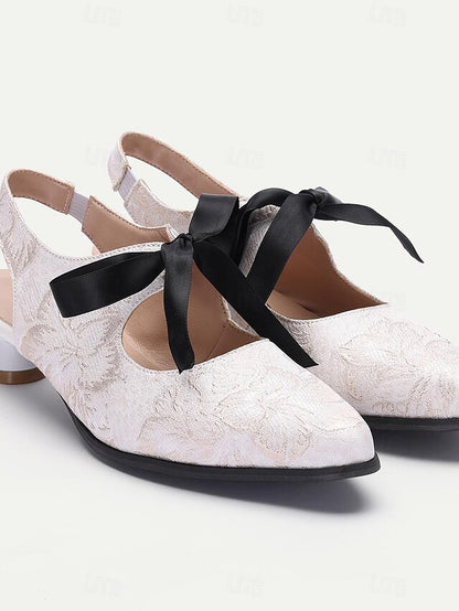 Bow Heels Vintage with - Elegant Slingback Lace Women's