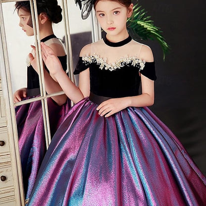 Kids Sleeve Dress Party Girls' Solid Short Color