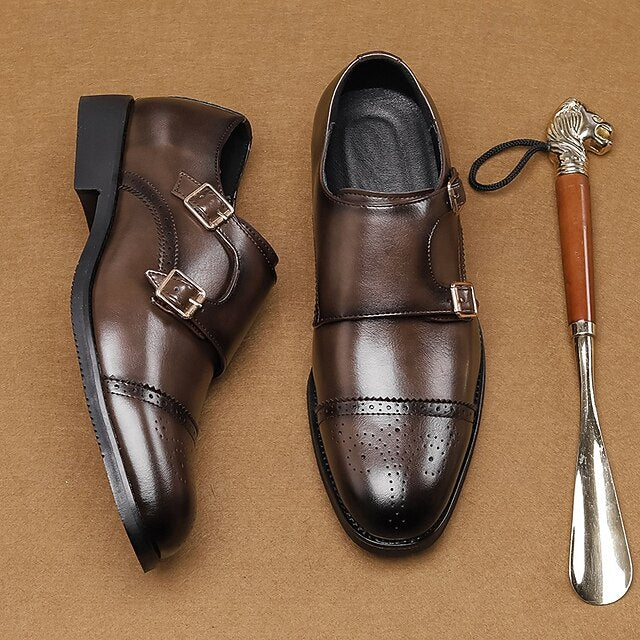 Men's Monk with Strap Brown Double Shoes Faux Leather