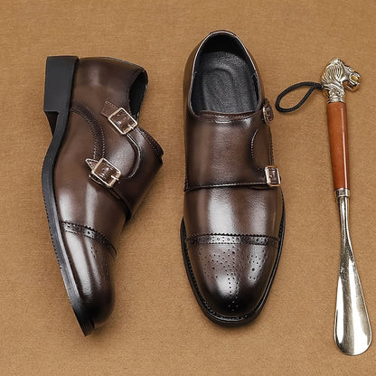 Double with Brown Monk Faux Men's Leather Strap Shoes