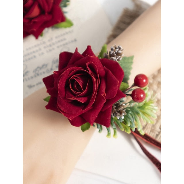 Christmas and Corsage Women's Boutonniere Rose Set Red