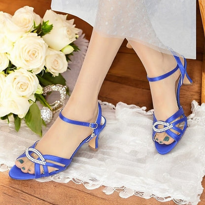 Strappy Heels with Satin Dark Women's Rhinestone Blue