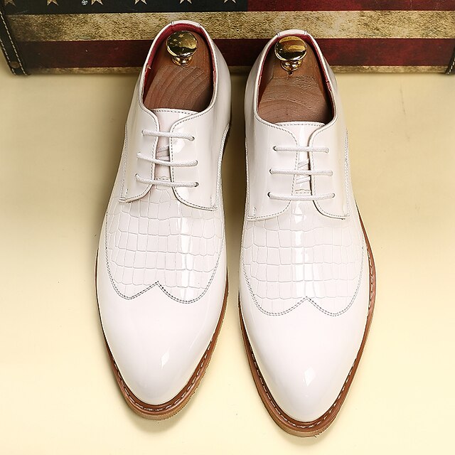 Patent Crocodile White Men's Shoes Oxford Leather –