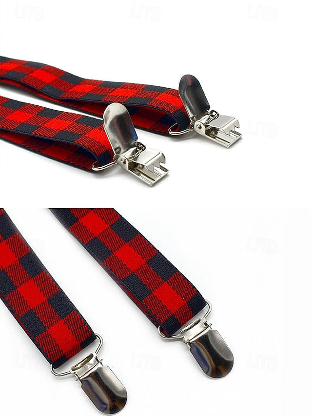 Christmas Men's Bow Plaid Tie Adjustable Set and Suspender