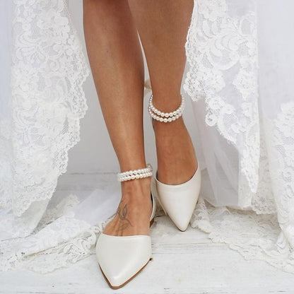 Pearl Ankle – Bridal Strap Flats Women's White Elegant