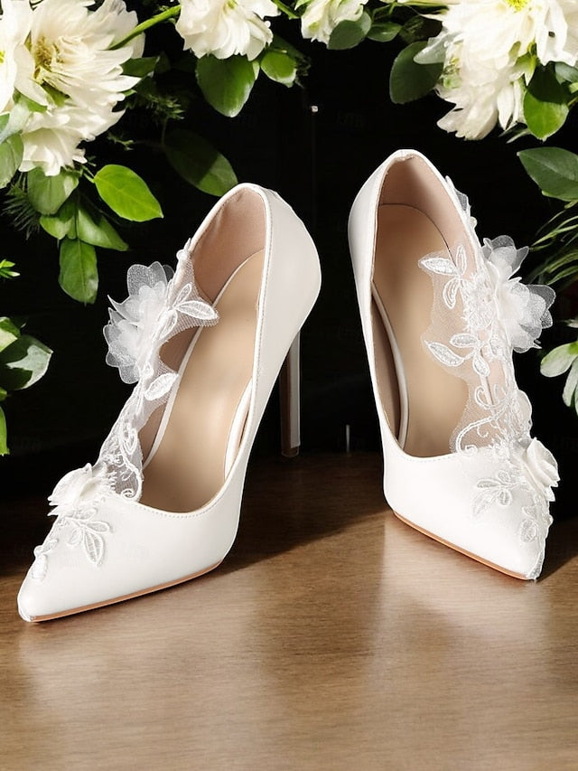White Wedding Shoes Floral with Embellishments Lace