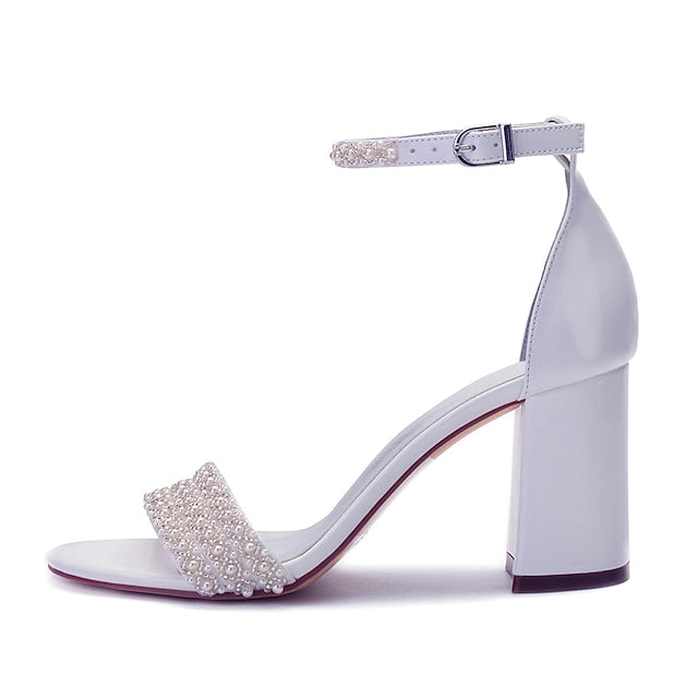 Block Pearl Strap Ivory Embellished Ankle White Women's