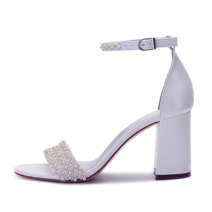 Block Pearl Strap Ivory Embellished Ankle White Women's