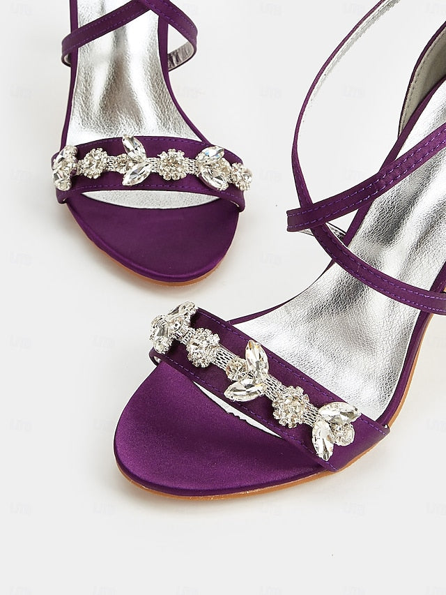 Heels Purple Satin Straps with Stiletto Rhinestone Women's