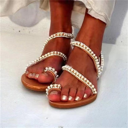 Women's Elegant – Sandals Strappy Flat Pearl-Embellished