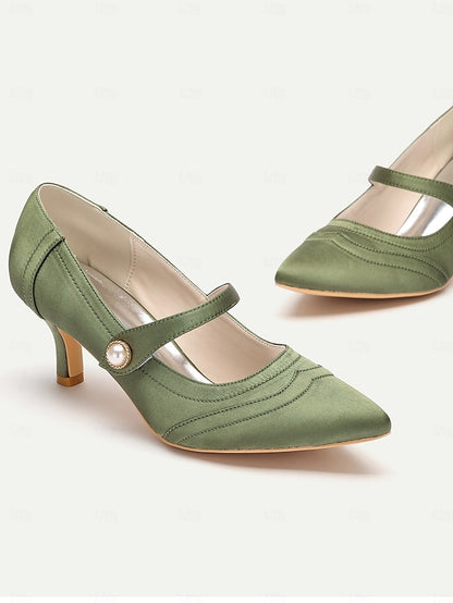 Green Button Satin Jane - with Heels Pearl Elegant Mary