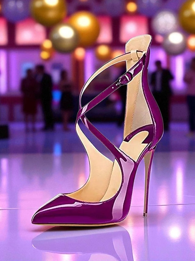 Stiletto Purple - Patent Heels Strappy Leather Women's
