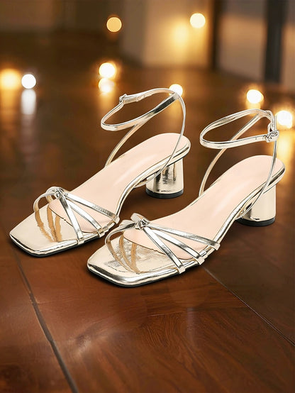 Strap Block Ankle – Metallic Heels Gold Shiny Women's
