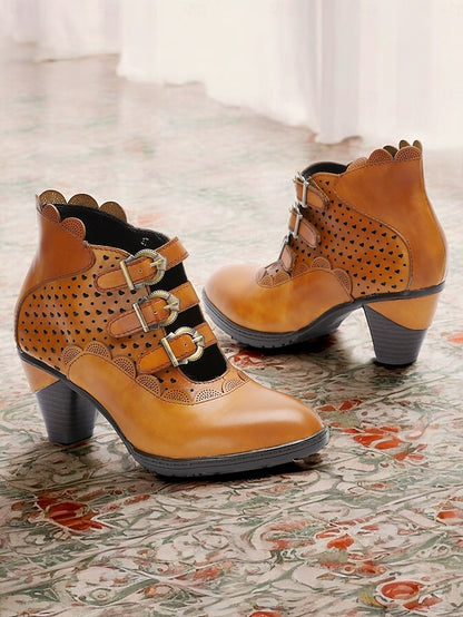 Vintage Women's Perforated Ankle Brown - Boots Buckle Strap