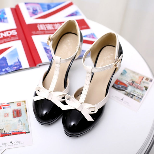 Black T-Strap Patent High Leather White with Women's Heels