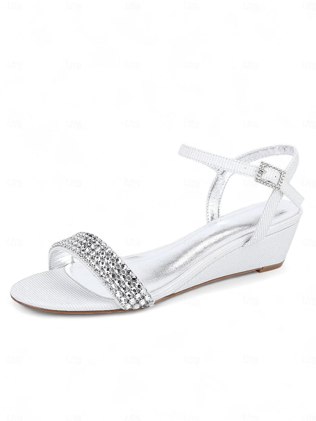 Champagne Wedge Women's Sandals Open Rhinestone - Toe