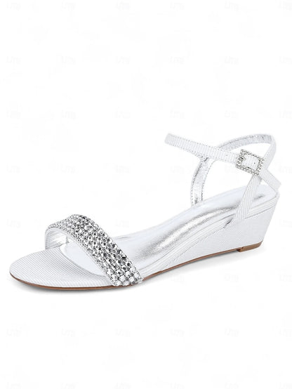 Champagne Wedge Women's Sandals Open Rhinestone - Toe