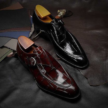 Monk Leather Strap Burgundy Faux Men's Crocodile Pattern