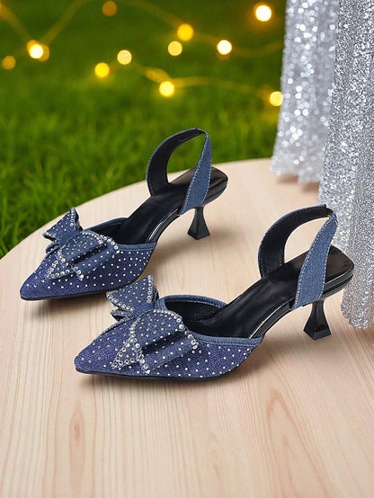 - Pointed Bow Heels Slingback Sparkly Women's Rhinestone