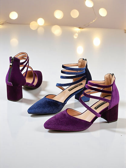 Pointed Heel Velvet Blue Women's Pumps with Block Toe