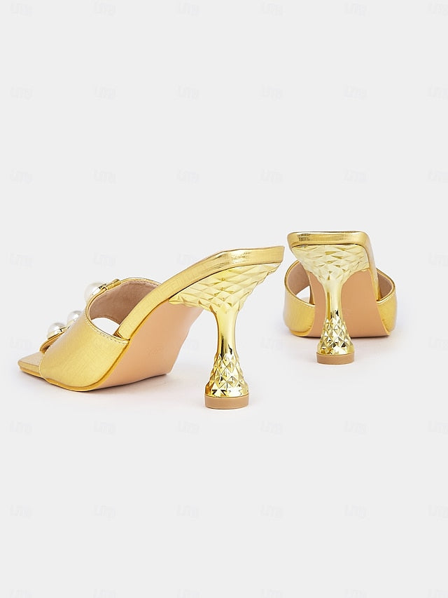 – Gold Elegant Pearl with for Mules Open-Toe Detailing Women