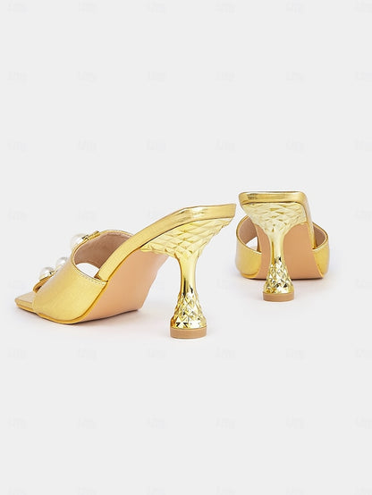 – Gold Elegant Pearl with for Mules Open-Toe Detailing Women
