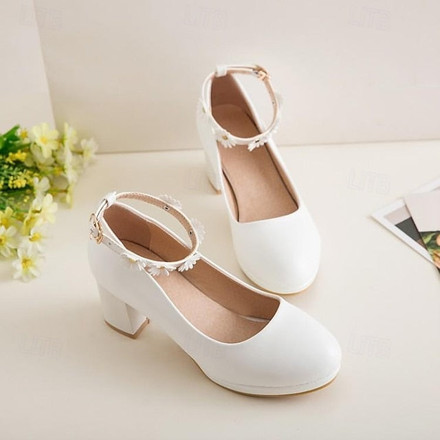 Shoes Block Heel Daisy Ankle with Flower Girls' White