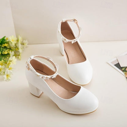 Shoes Block Heel Daisy Ankle with Flower Girls' White