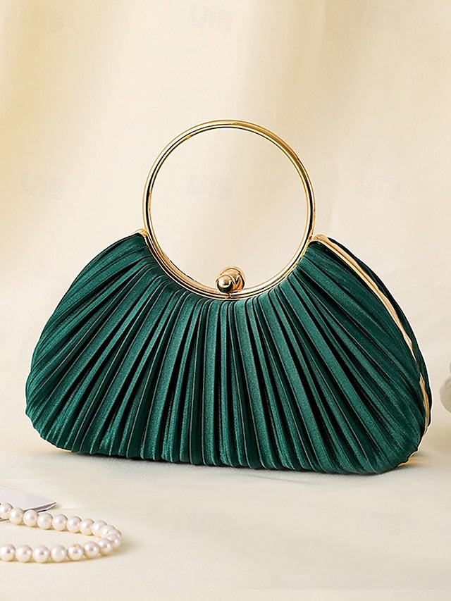 Handle Clutch Green Gold Ring Velvet Pleated Elegant with -