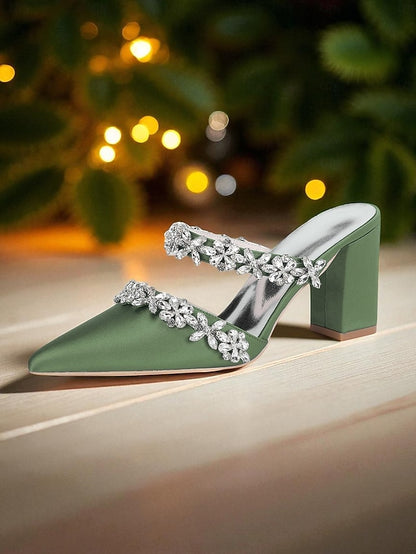 Women's Floral Satin Black Rhinestone Heel Mules Block with