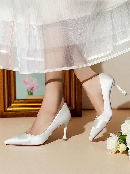 - High Women's Pumps Pointed Heel Satin Toe Champagne