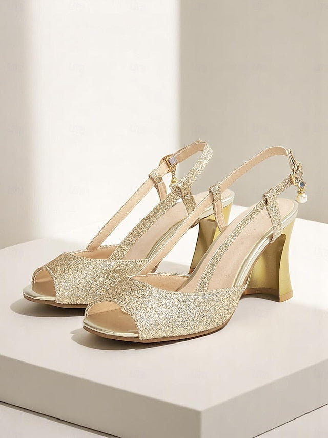Slingback - Women's Gold Heels Glitter Sparkly Open-Toe