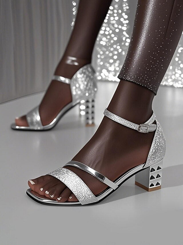 Block Sandals – Glitter Women's Ankle Heel Strap Silver