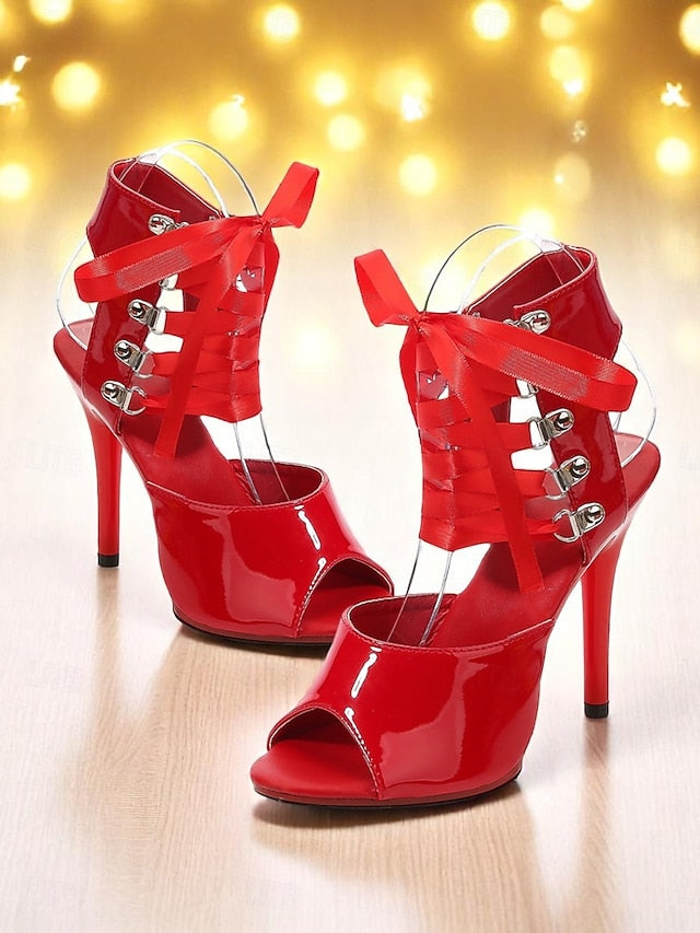 Cutout Women's Sandals Sexy - Patent Stiletto Lace-Up Black