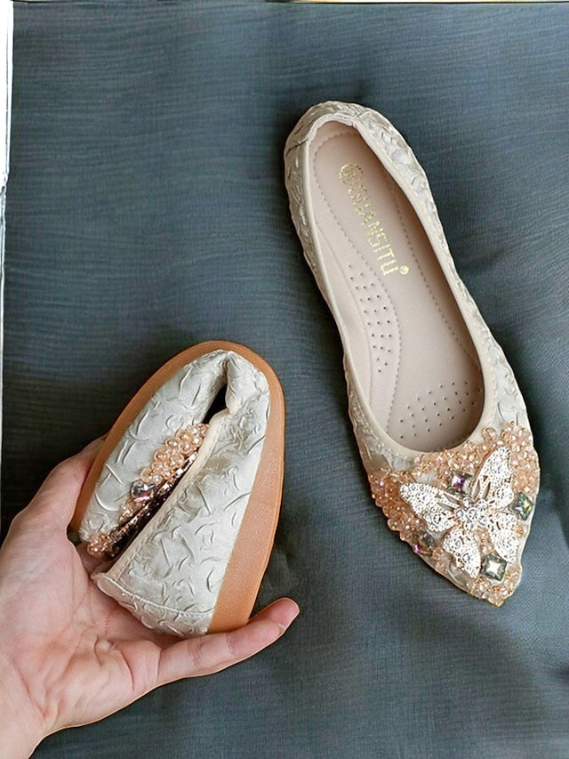 Foldable with Beaded Embroidered Flats Women's Ballet