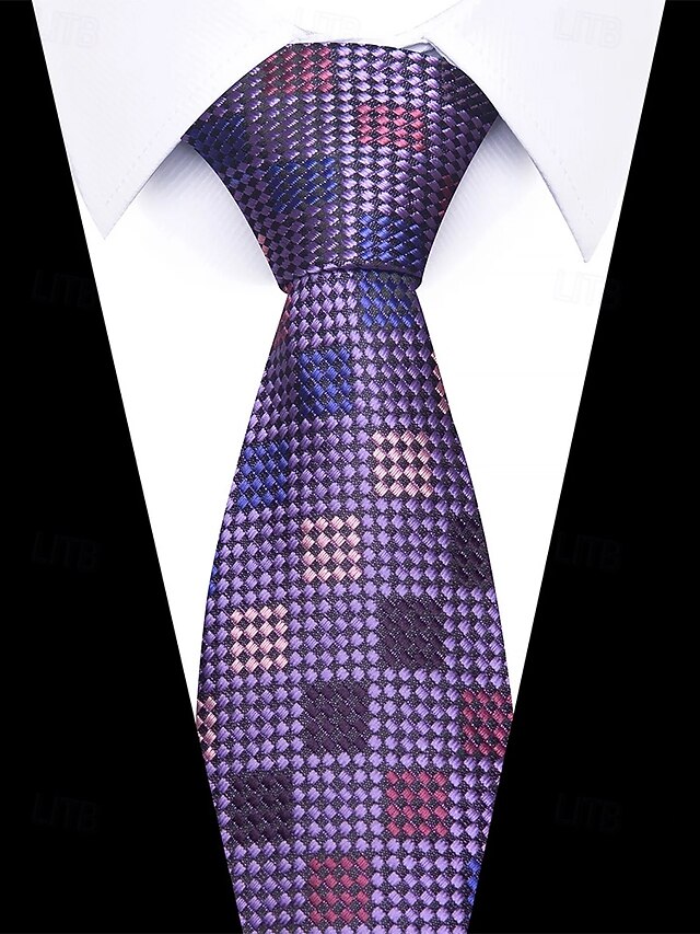 Men's Silk Checkered Square and Set Pocket Purple Tie –
