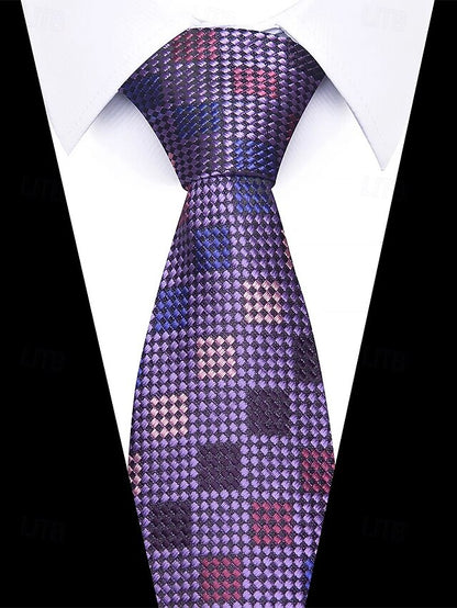 Men's Silk Checkered Square and Set Pocket Purple Tie –