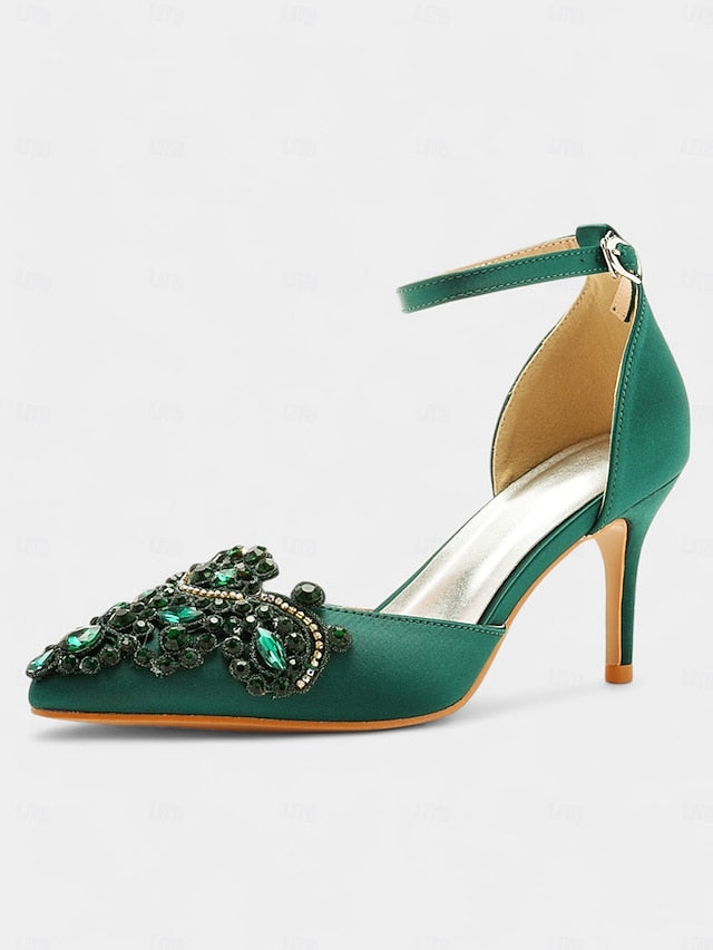 Pointed Satin Green Women's Emerald Ankle – Heels Strap