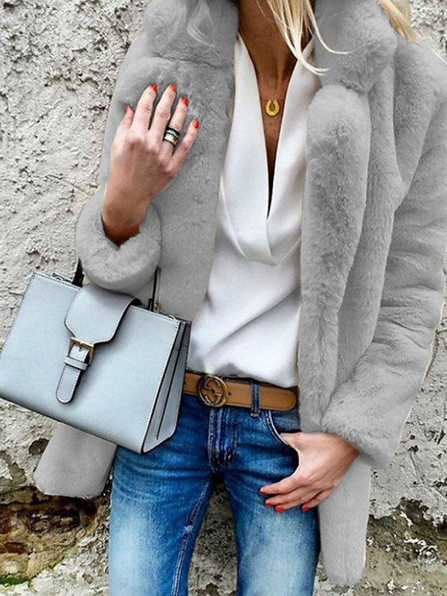 Fur Comfortable Casual Women's Going Coat Collar Plain Warm