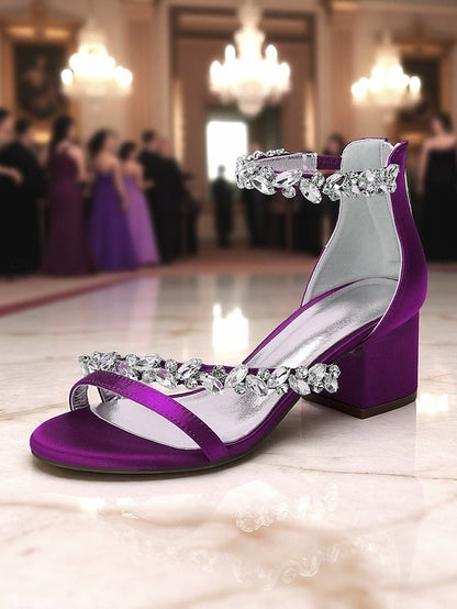 Heel Purple - Satin Crystal Block Women's Sandals